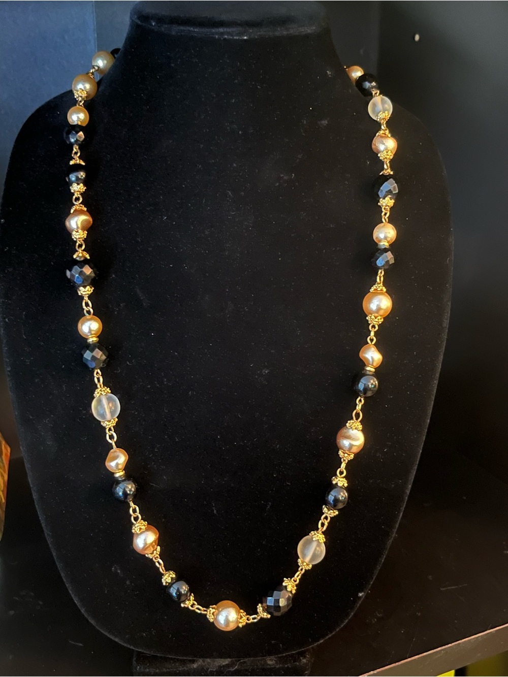 Kenneth Jay Lane Beaded Gold-tone Faux Pearl, Black, And Clear Beads 30in Signed